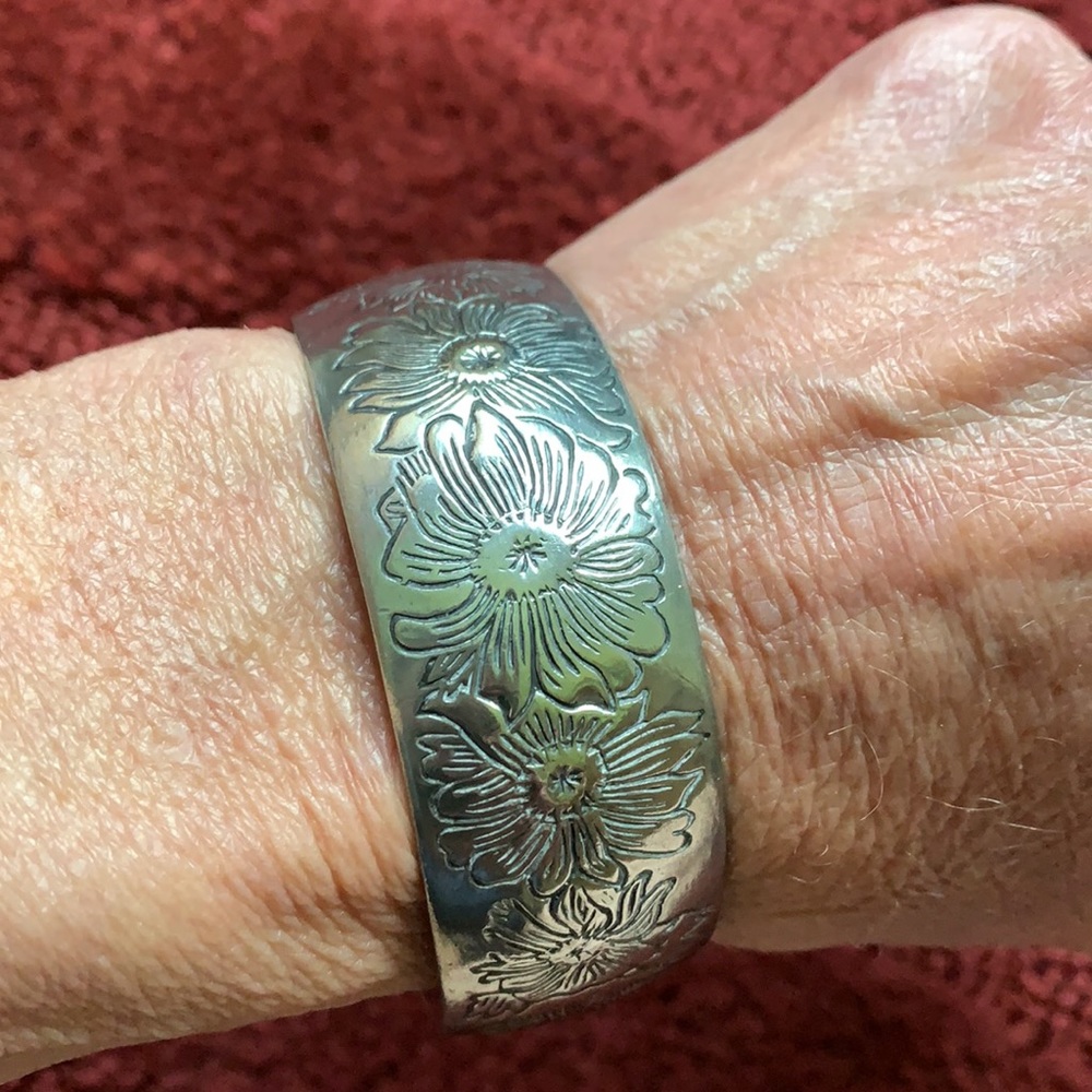 Pewter Engraved Daisy Cuff Bracelet by Leonard